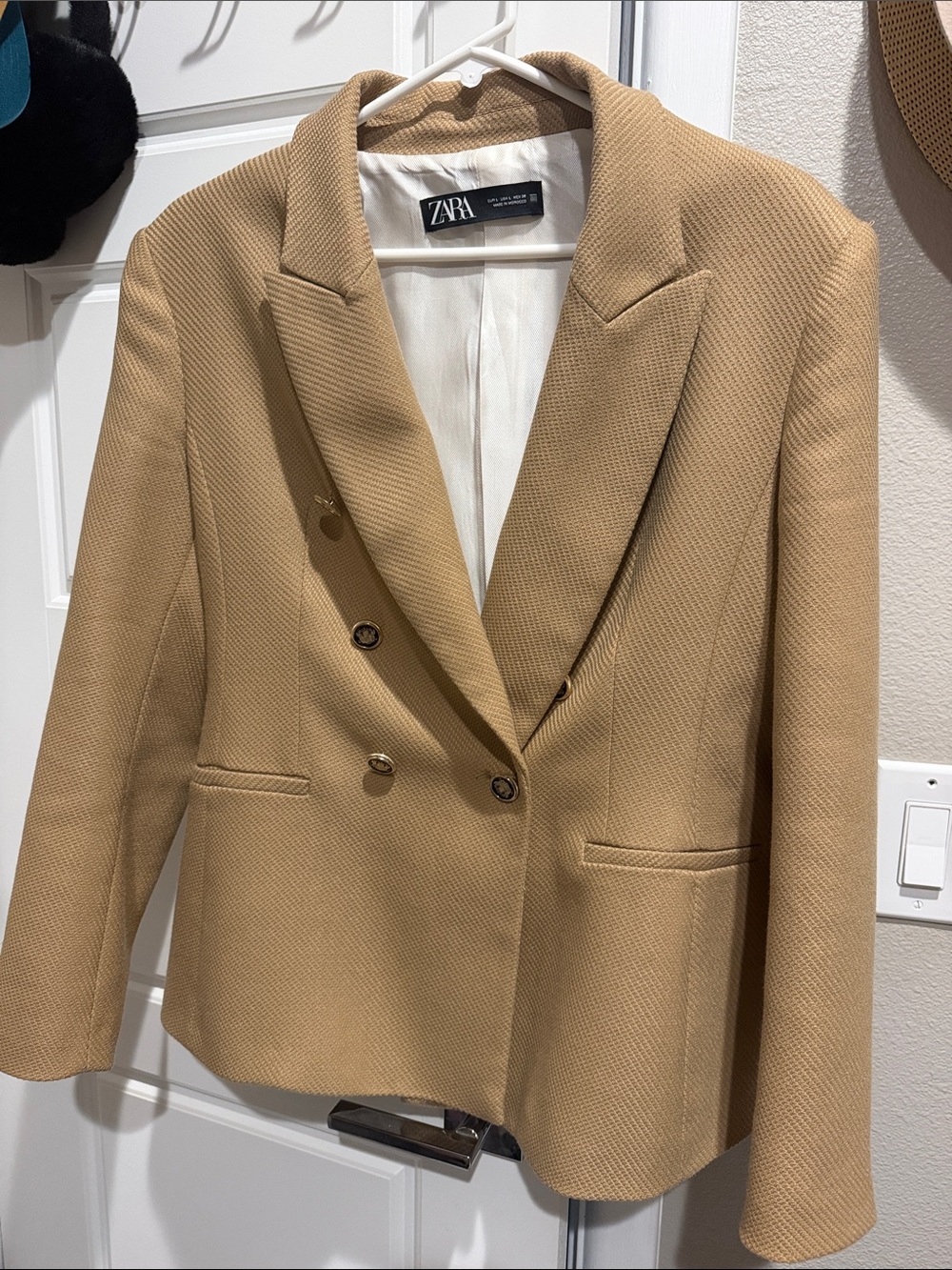 Zara Double-Breasted Tan Blazer with Gold Buttons